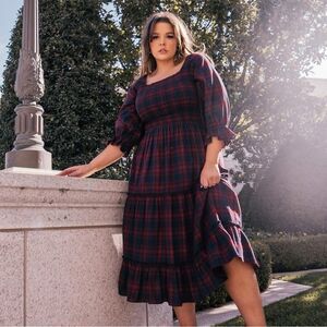JessaKae Red Blue Squareneck Plaid Tiered Ruched Midi Dress Sz 4X Cottage Prarie